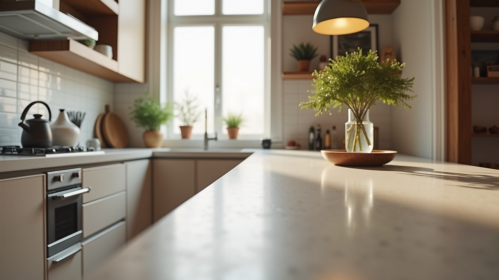 Eye-level view of a modern kitchen with natural stone countertops and custom cabinetry