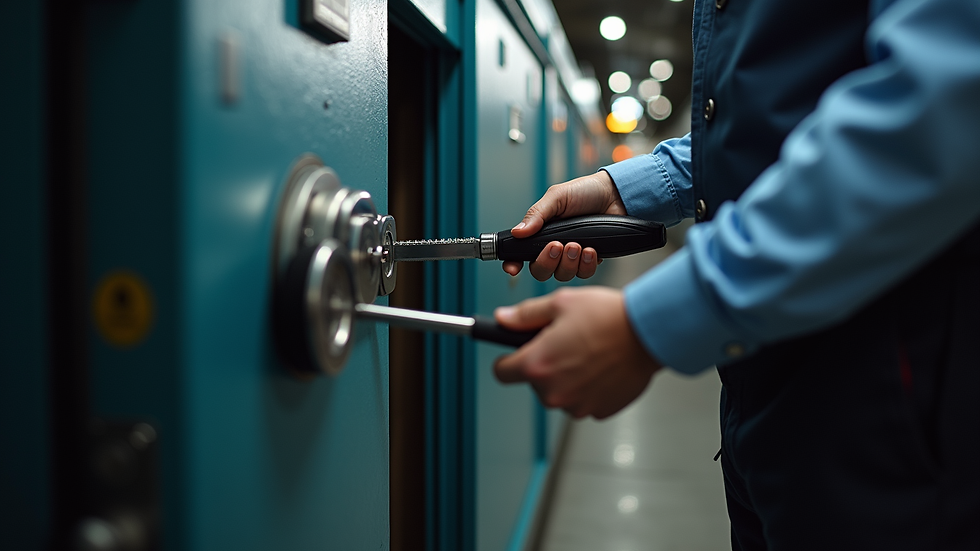 Eye-level view of a locksmith using specialized tools to open a commercial safe