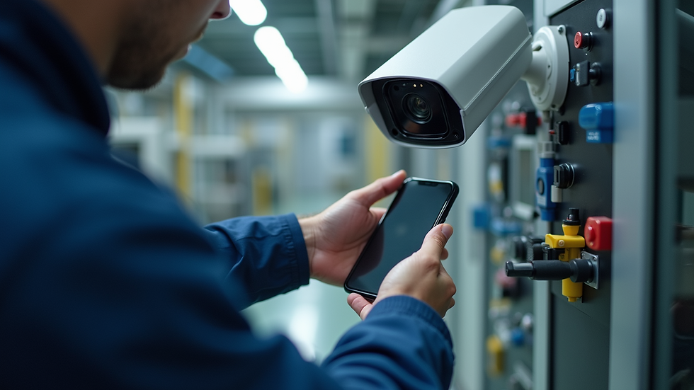 Eye-level view of a technician installing a security system on a mobile device