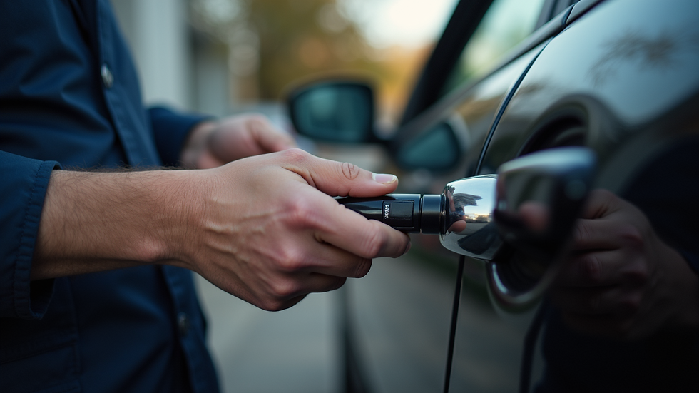 Close-up view of a car door lock being opened by a locksmith