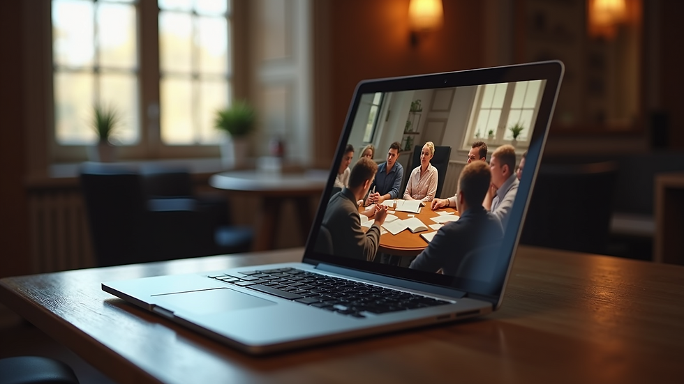Eye-level view of a laptop screen showing a virtual prayer meeting