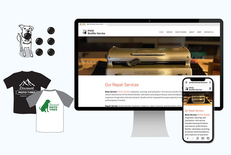 Logo designs for small busiiness and website design in small and large screens are shown