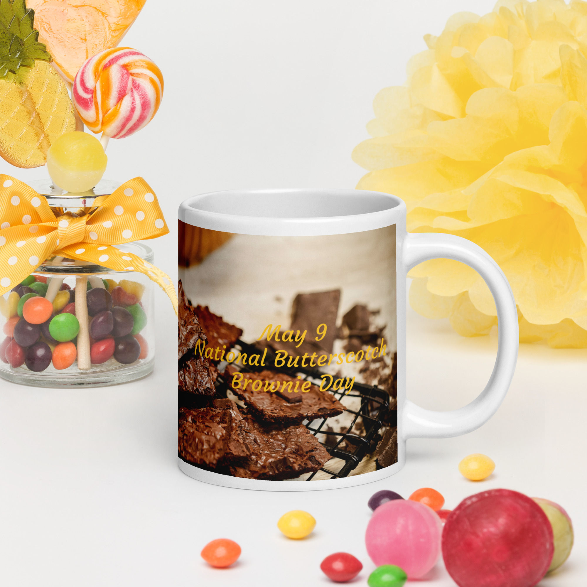 White glossy mug May 9 National Butterscotch Brownie Day