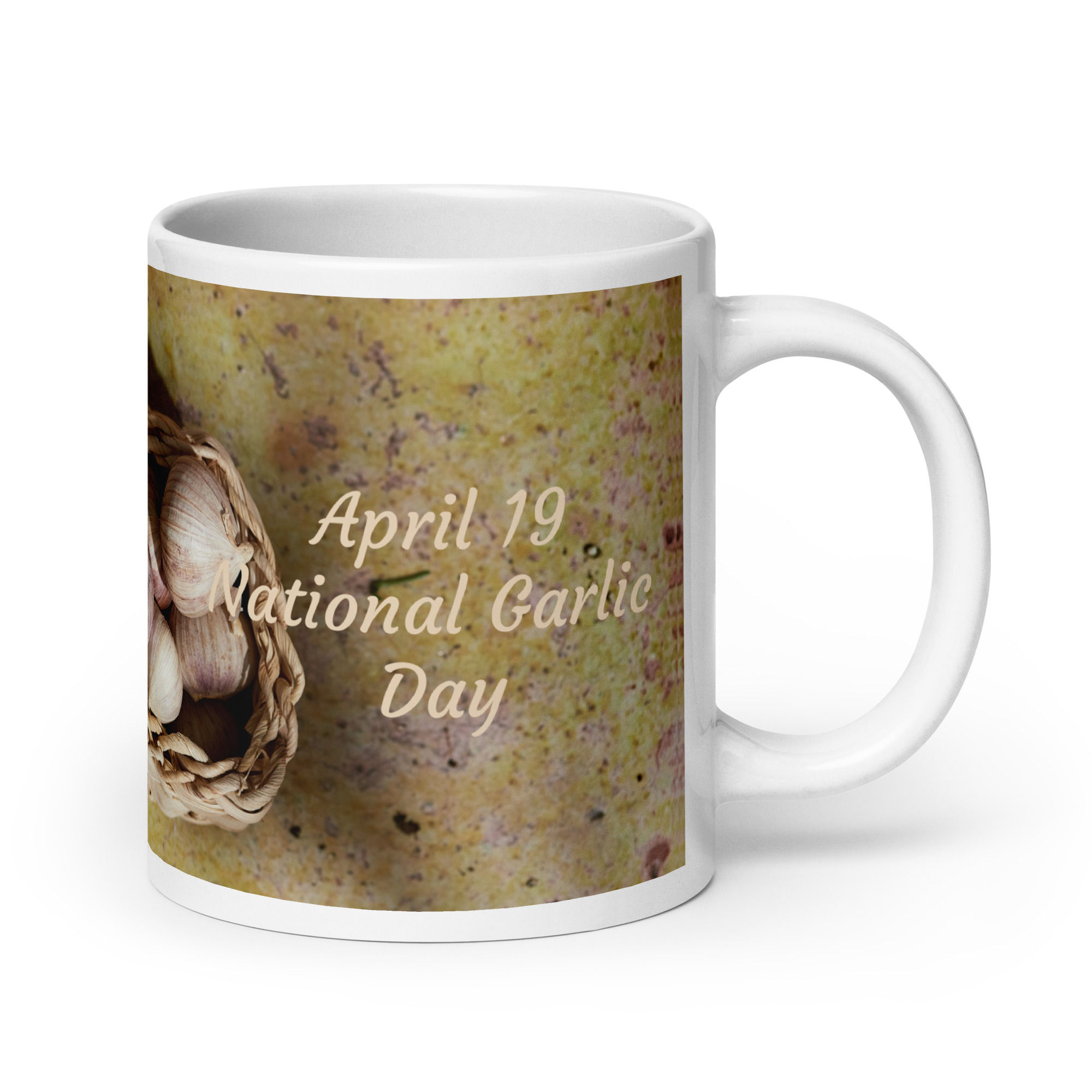White glossy mug April 19 National Garlic Day