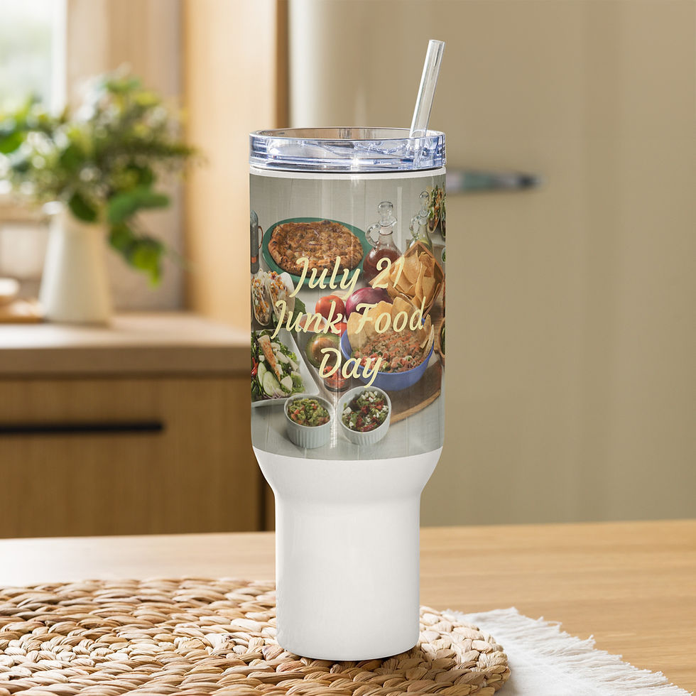 Travel mug with a handle July 21 Junk Food Day