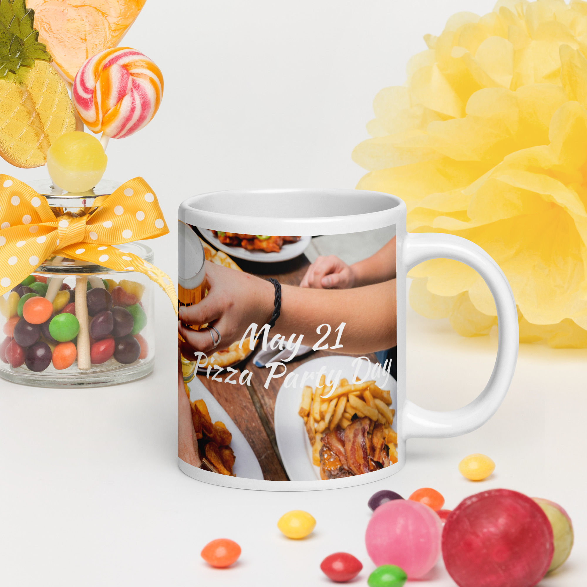 White glossy mug May 21 Pizza Party Day