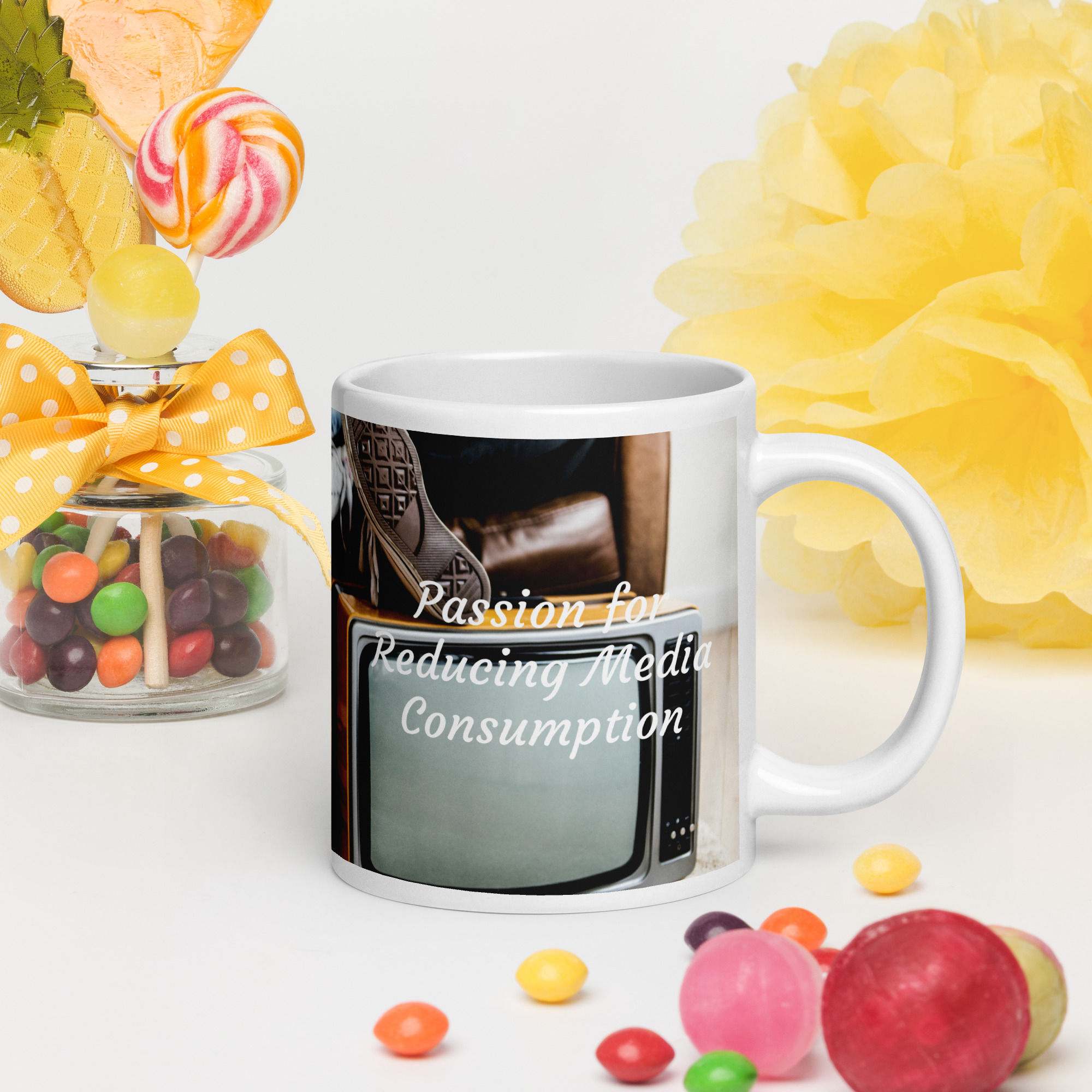 White glossy mug Passion for Reducing Media Consumption