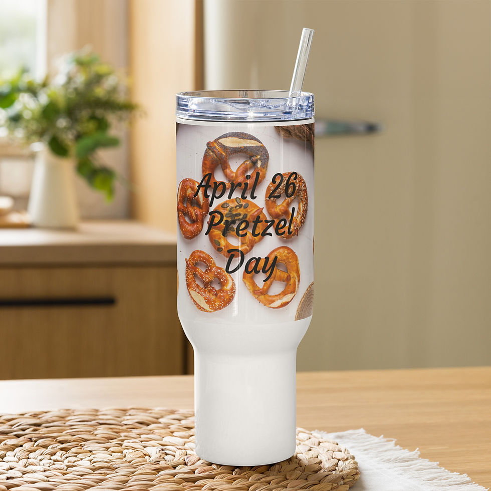 Travel mug with a handle April 26 Pretzel Day