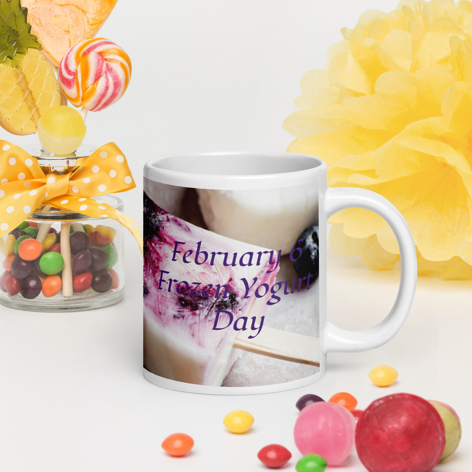 White glossy mug February 6 Frozen Yogurt Day