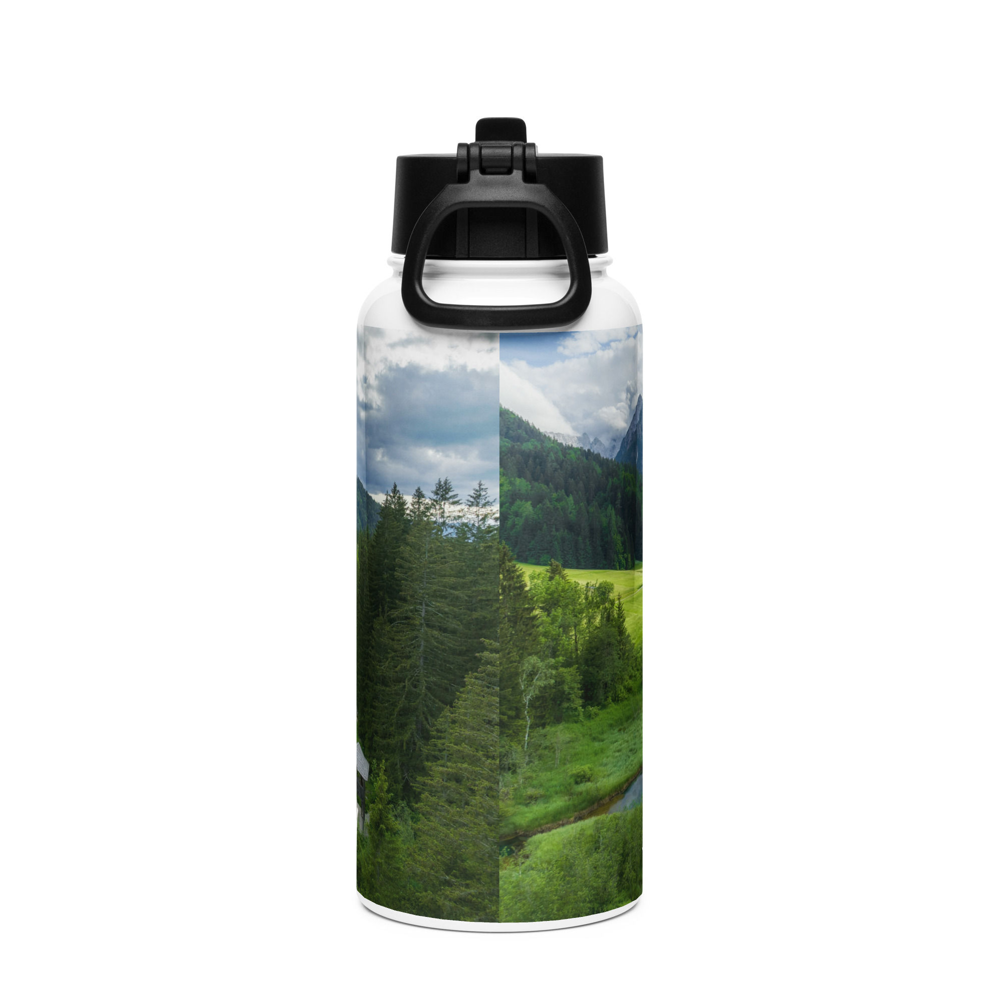 Stainless steel water bottle with a straw lid August 11 Mountain Day