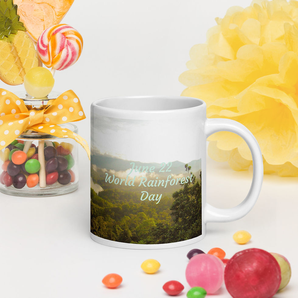 White glossy mug June 22 World Rainforest Day