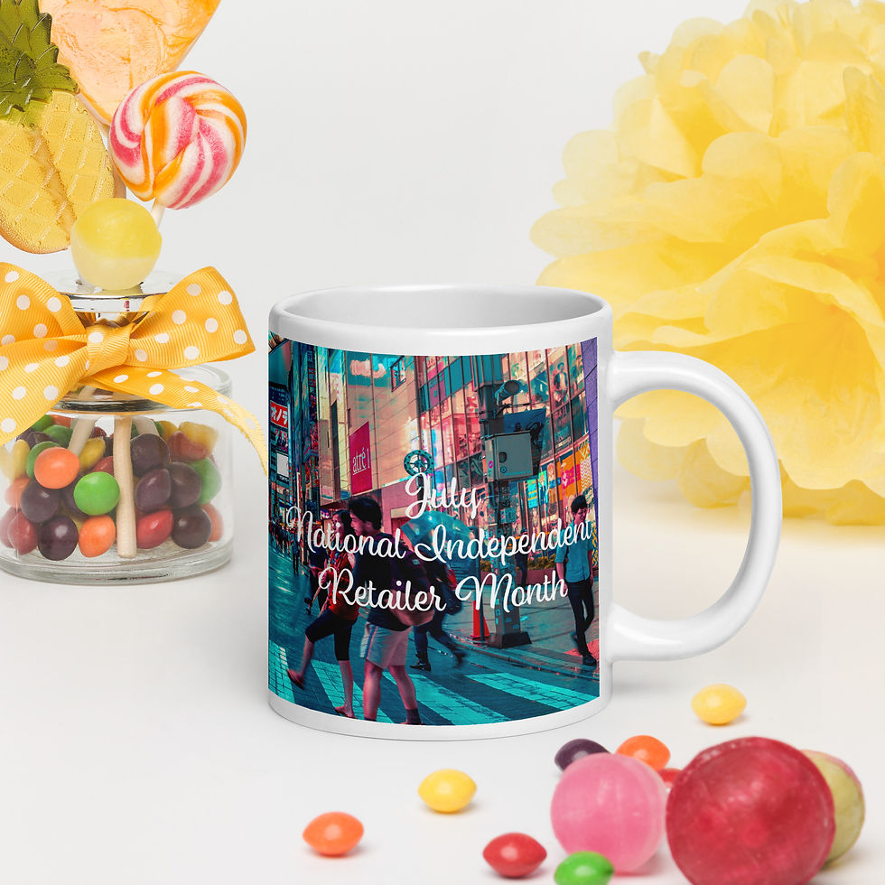 White glossy mug July National Independent Retailer Month