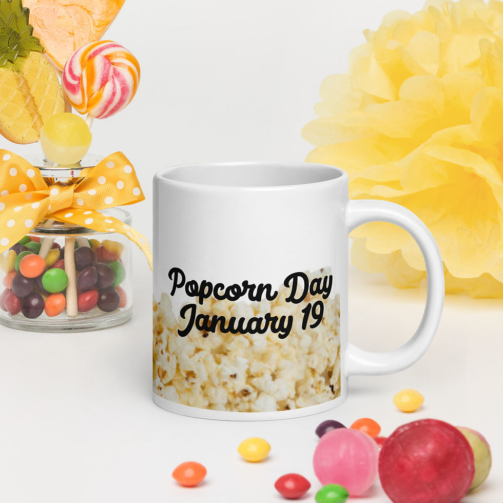 White glossy mug January 19 Popcorn Day