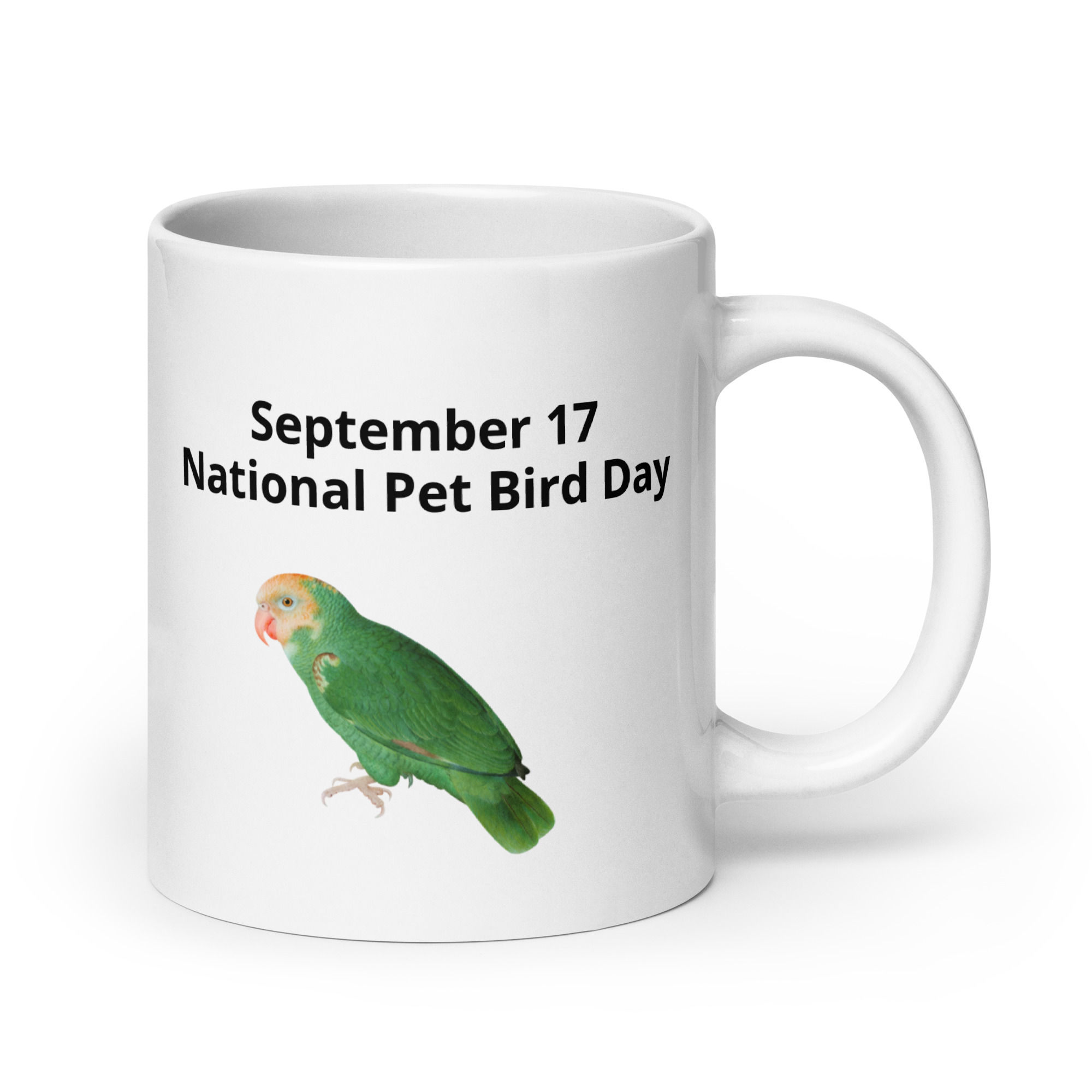 White glossy mug September 17 National Pet Bird Day