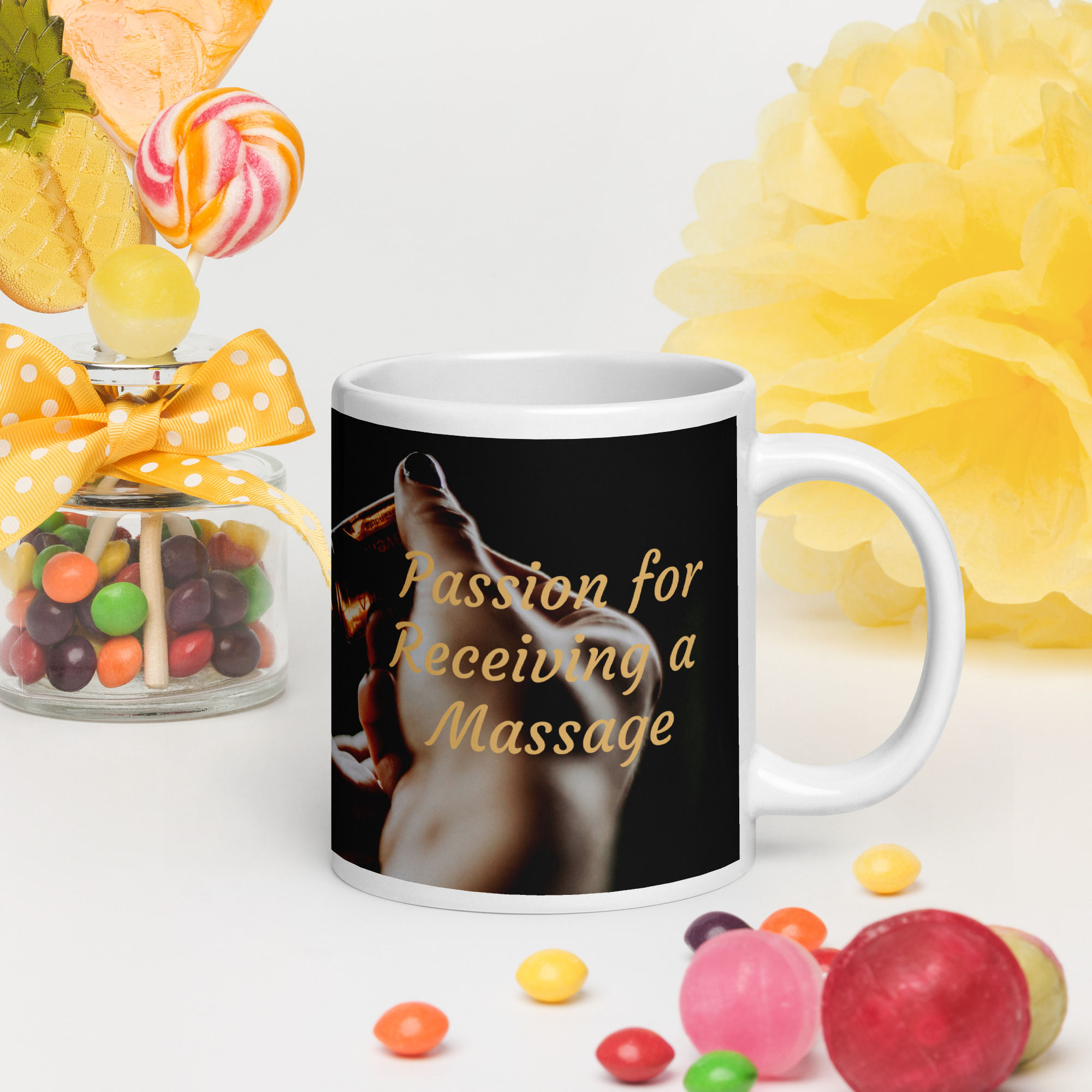 White glossy mug Passion for Receiving a Massage