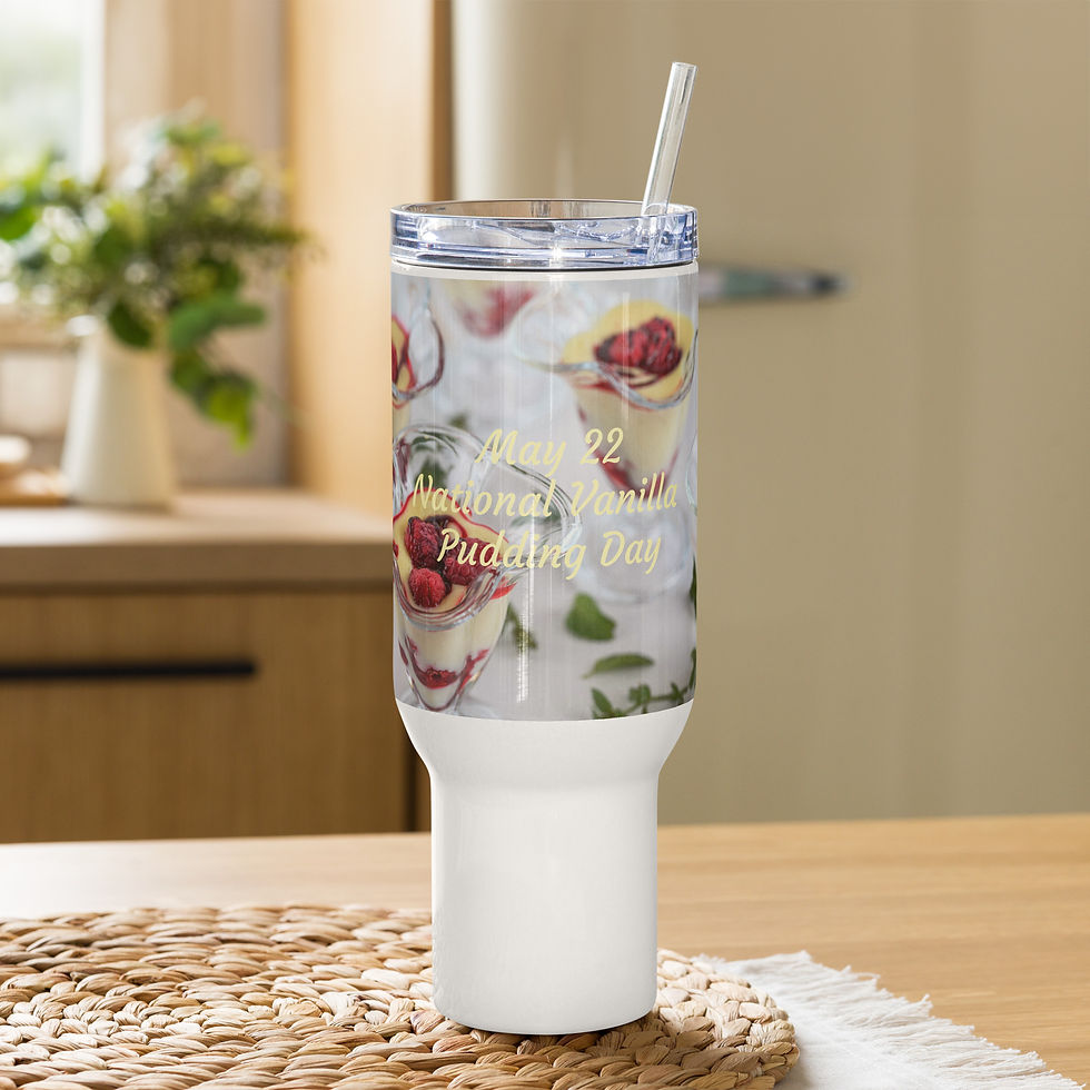 Travel mug with a handle May 22 National Vanilla Pudding Day