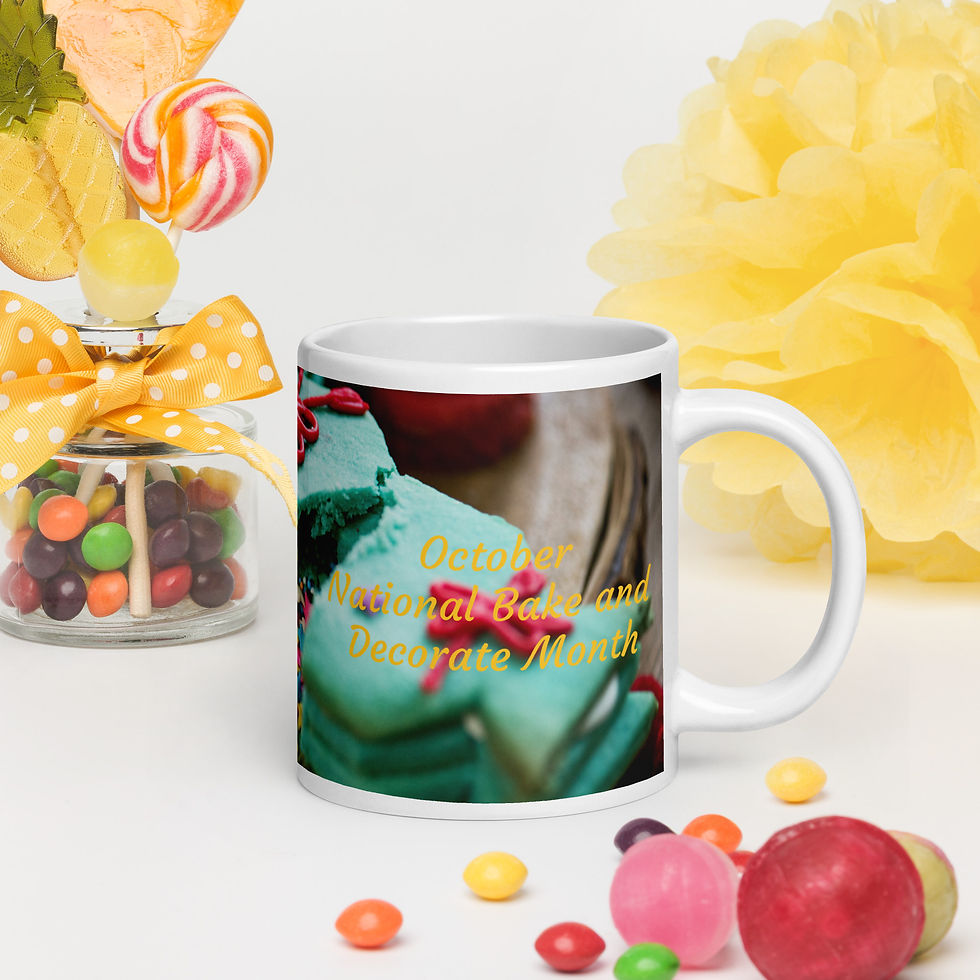 White glossy mug October Bake and Decorate Month