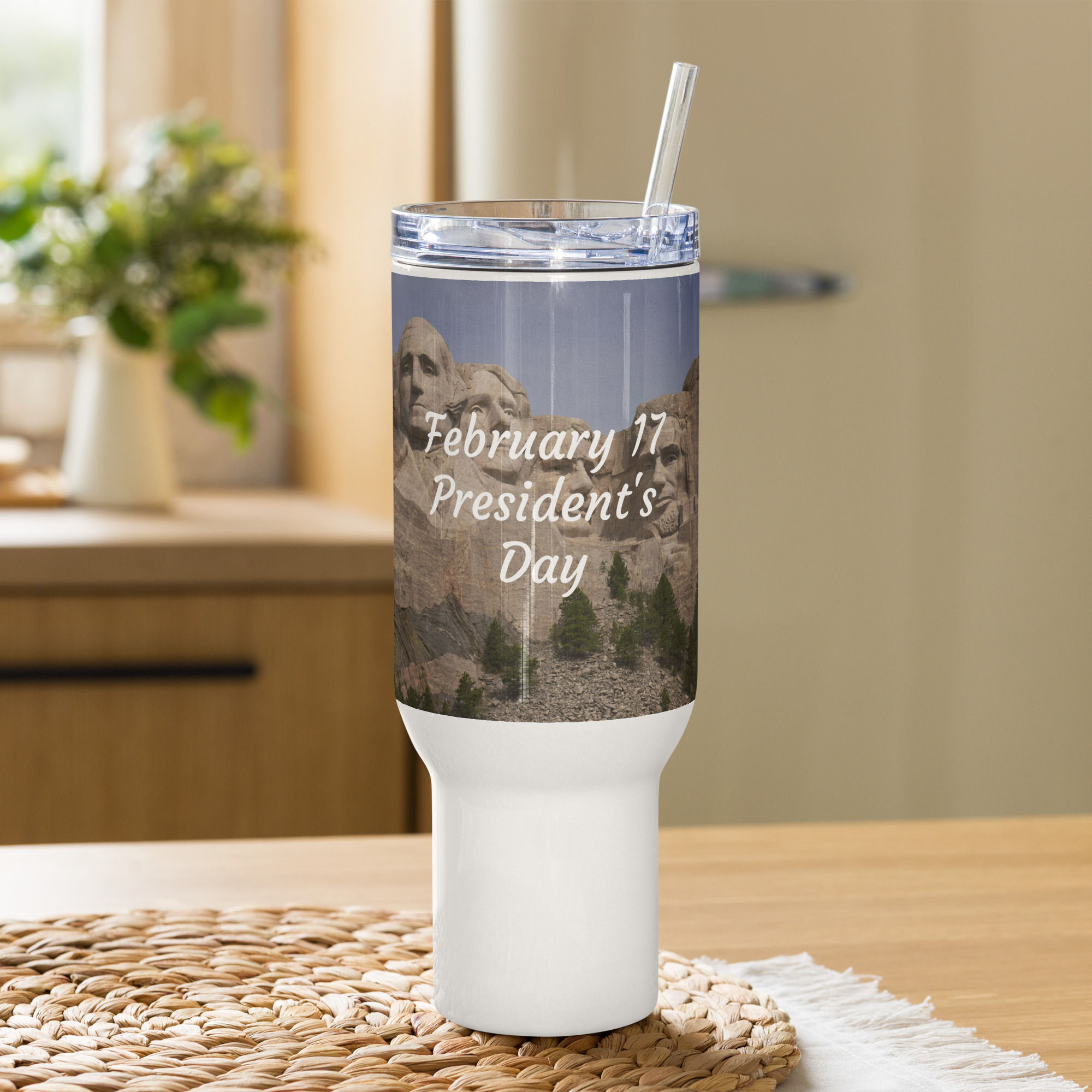 Travel mug with a handle February 17 President's Day