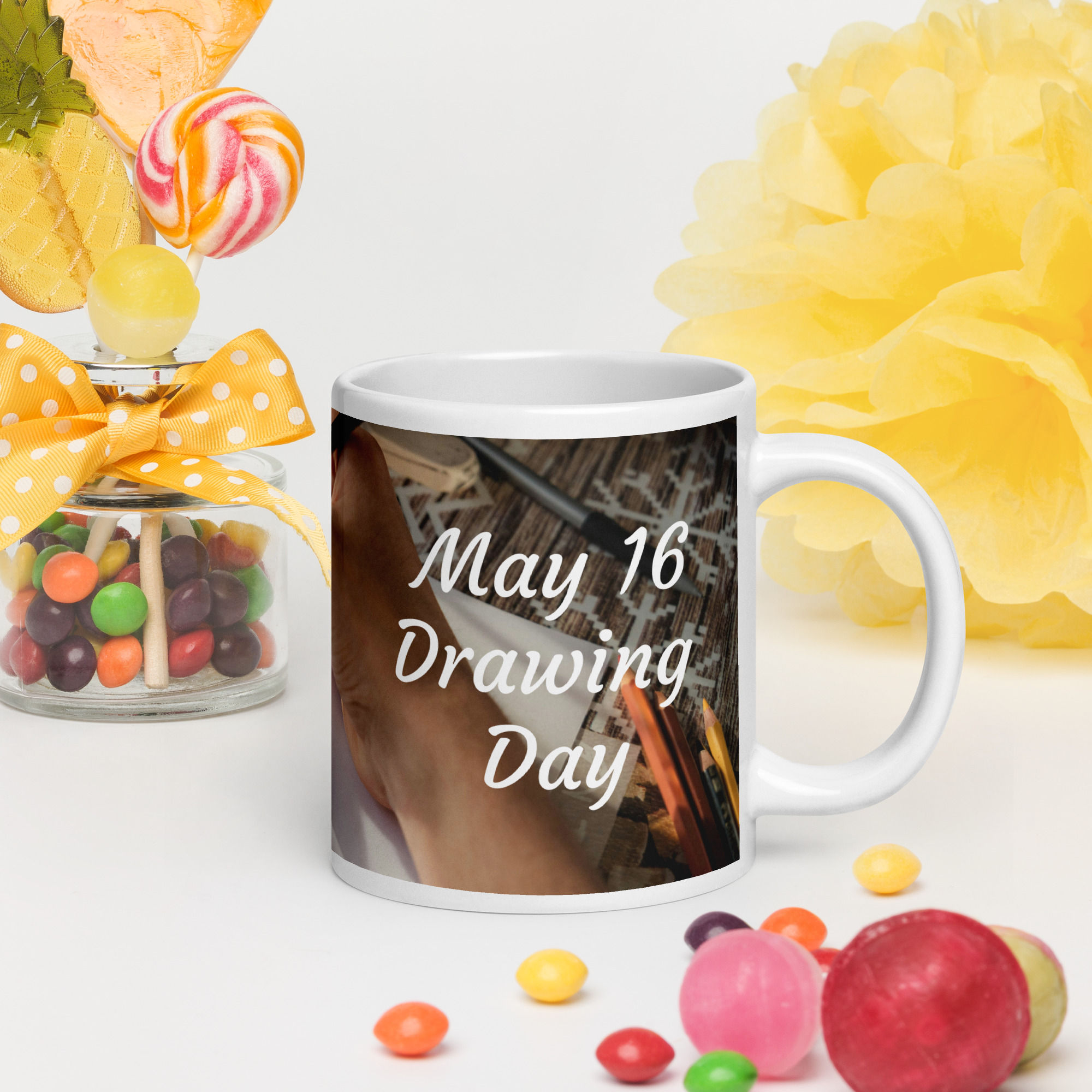 White glossy mug May 16 Drawing Day