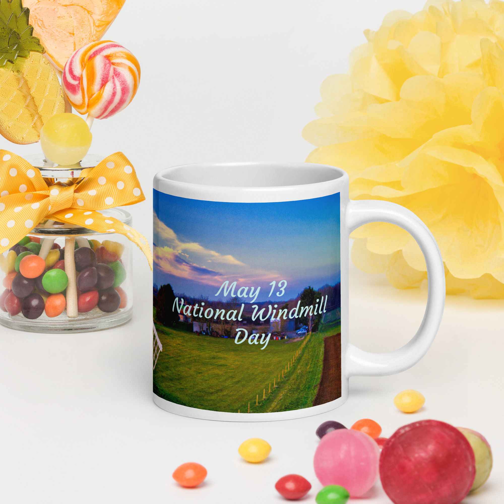 White glossy mug May 13 National Windmill Day