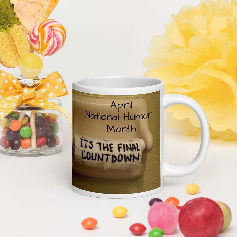 White glossy mug April National Humor Month