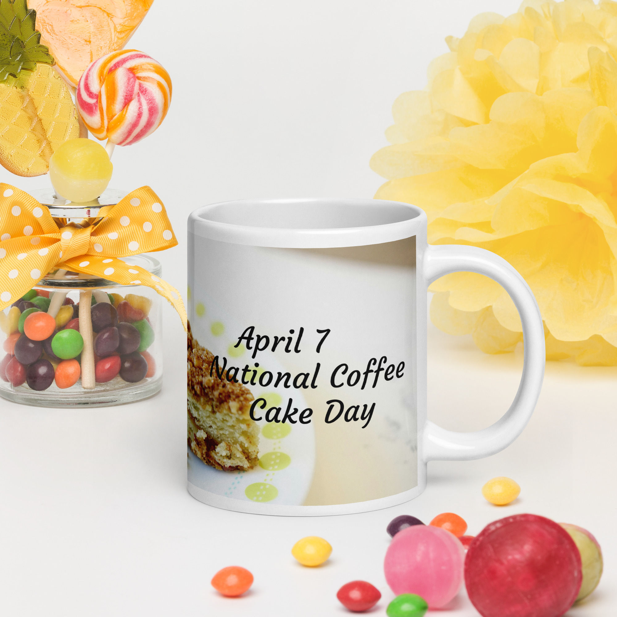 White glossy mug April 7 National Coffee Cake Day