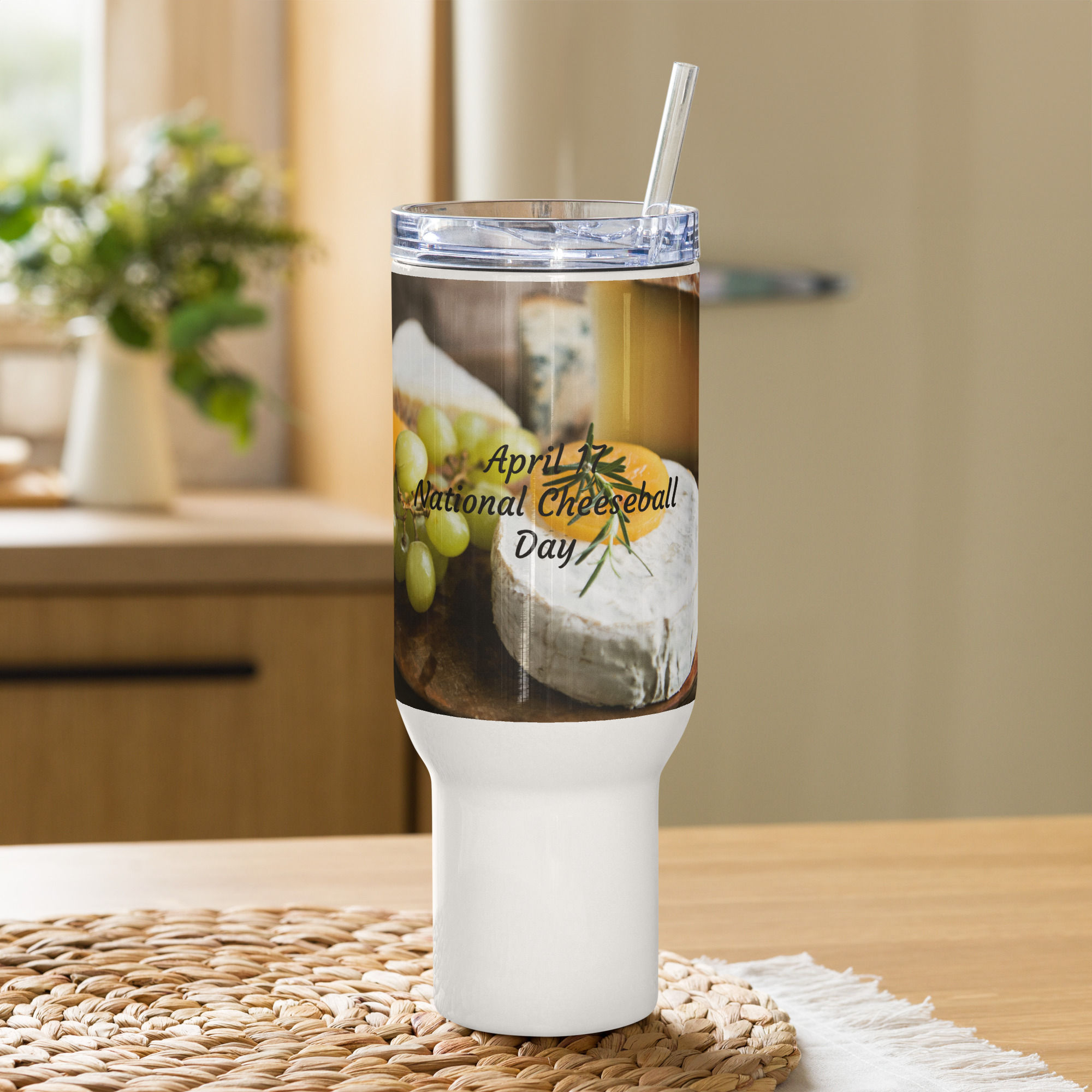 Travel mug with a handle April 17 National Cheeseball Day