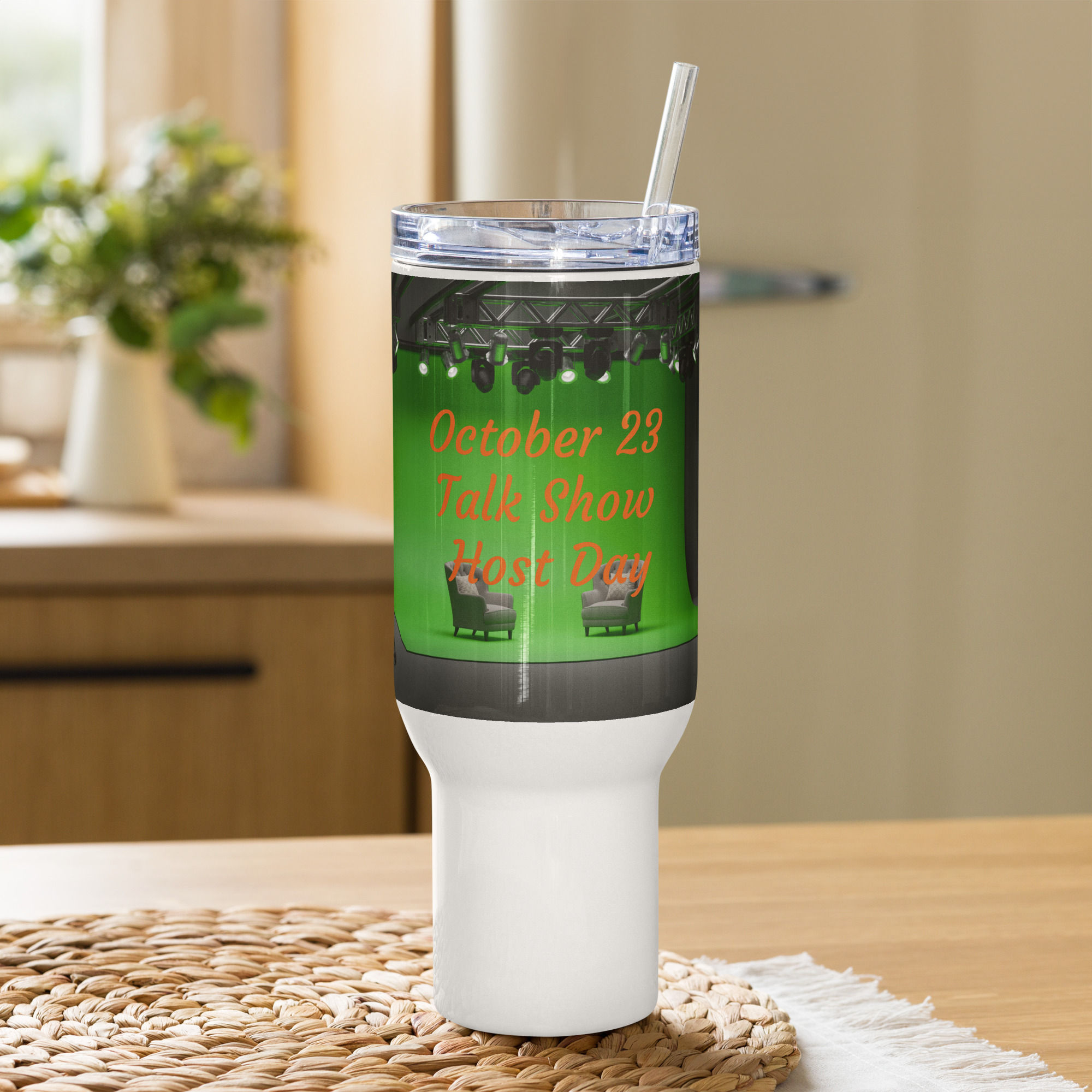 Travel mug with a handle October 23 Talk Show Host Day