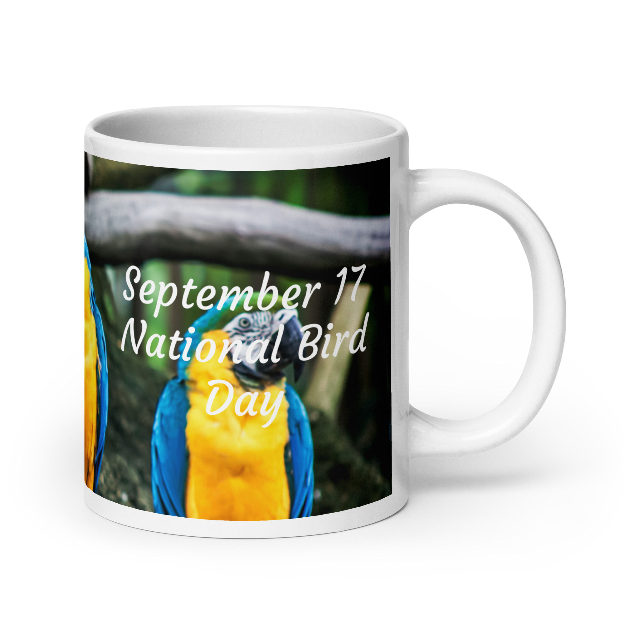 White glossy mug September 17 National Bird Day