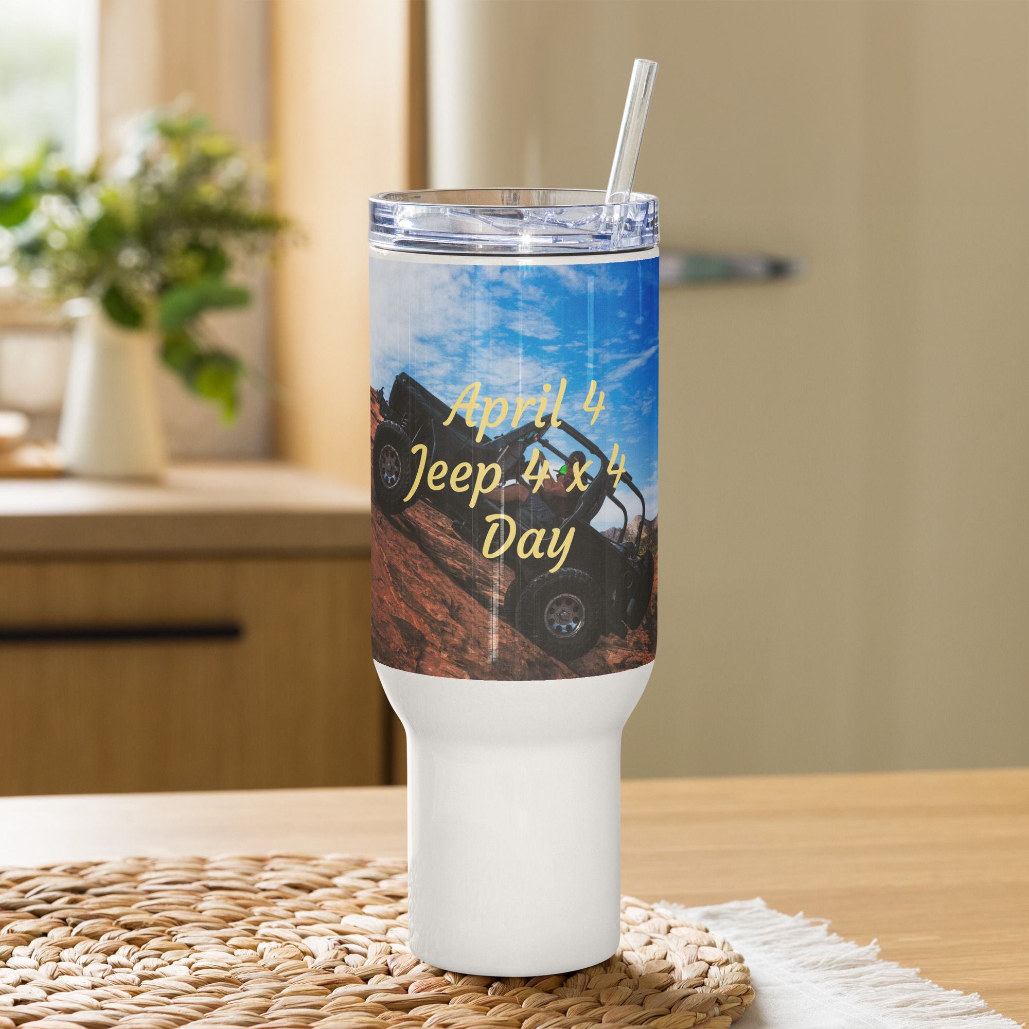 Travel mug with a handle April 4 Jeep 4 x 4 Day