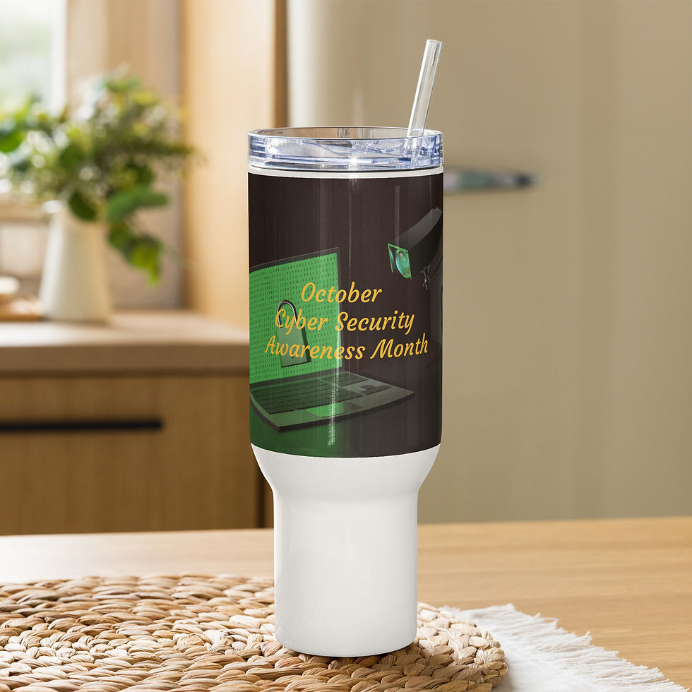 Travel mug with a handle October Cyber Security Awareness Month