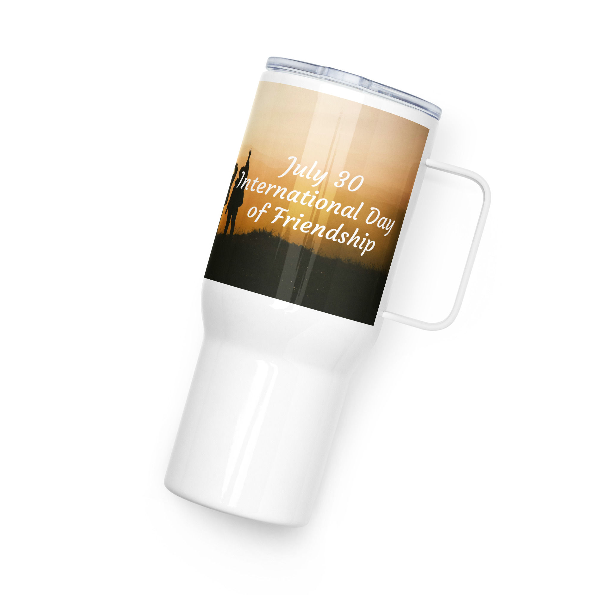 Travel mug with a handle July 30 International Day of Friendship