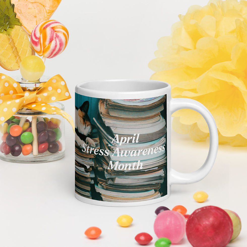 White glossy mug April Stress Awareness Month