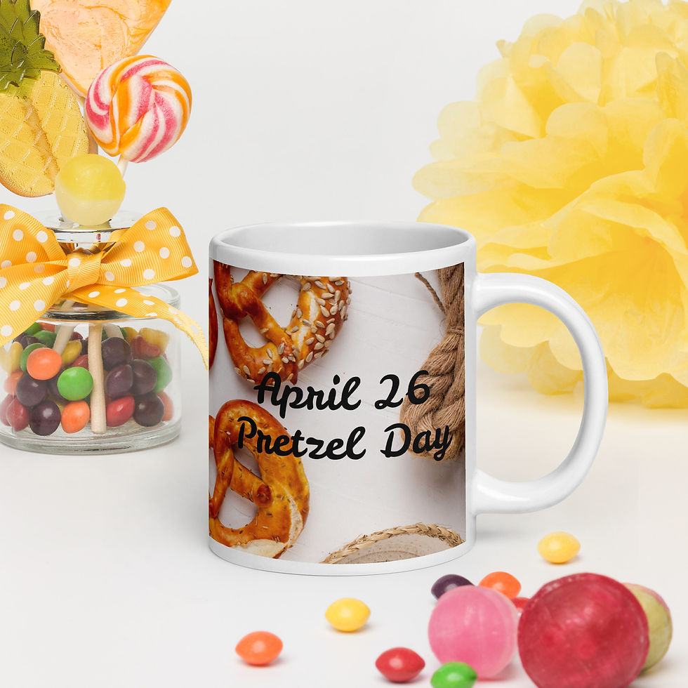 White glossy mug April 26 Pretzel Day