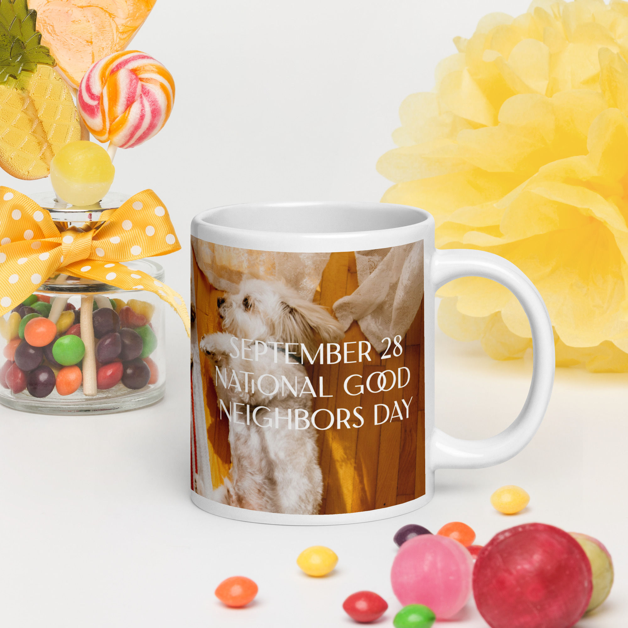 White glossy mug September 28 National Good Neighbors Day