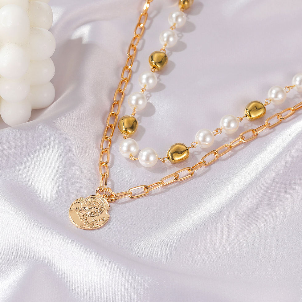 Thumbnail: Coin Charm Faux Pearl Decor Layered Necklace