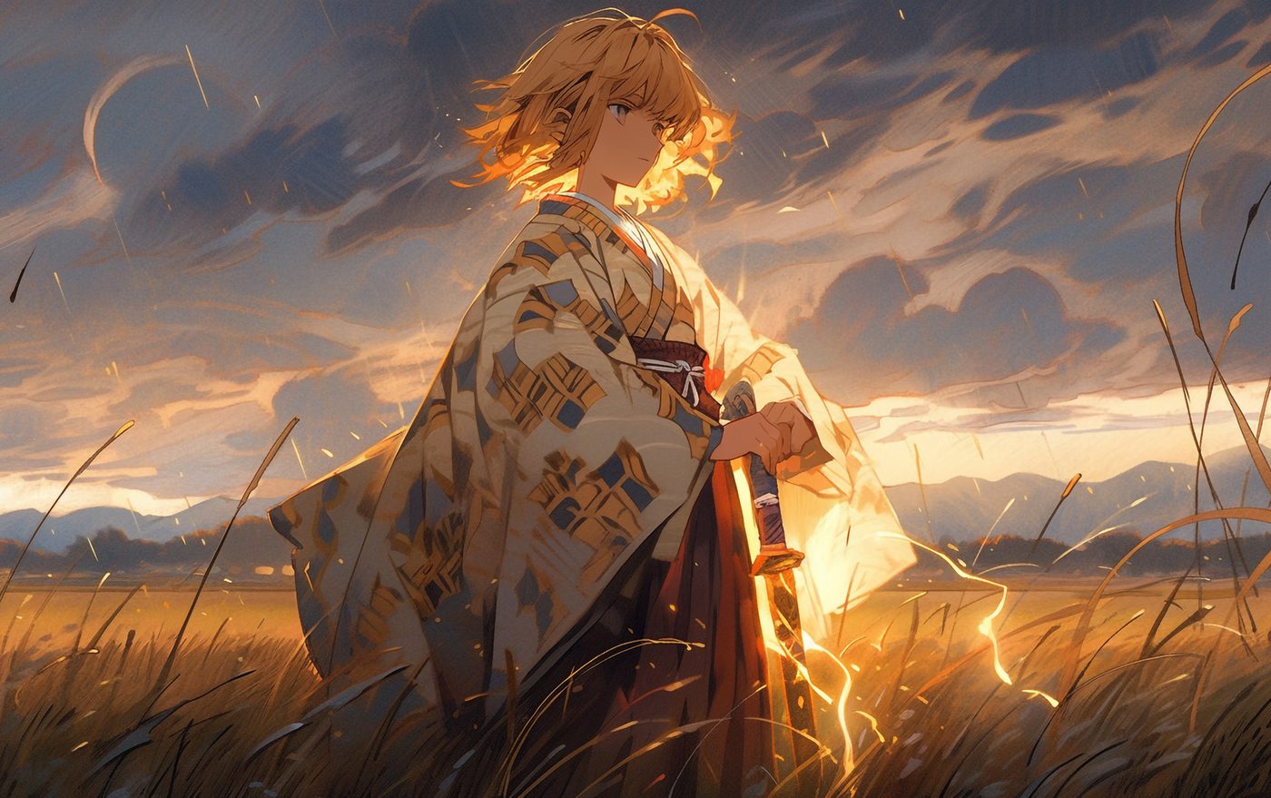 Anime illustration of a swordswoman at golden hour