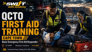 "QCTO First Aid training Cape Town hero image featuring South African workplace responders delivering emergency care in a corporate industrial environment. The visual promotes Basic Emergency First Aid Responder SP‑230801, workplace compliance, on‑site group training, accredited First Aid certificates, and Swift Skills Academy courses starting from R928."
