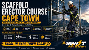 "Scaffold Erector Course Cape Town SAQA 263245 helps workers and employers build practical access scaffolding competence through NQF Level 3 scaffold erection, use and dismantling training, SANS 10085 aligned safety awareness, working at heights readiness, and accredited training with Swift Skills Academy."