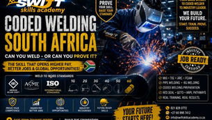 "Coded welding South Africa guide showing skilled welder performing high-integrity pipe weld in Cape Town workshop with Swift Skills Academy logo, coded welding training, coded welder certification, AWS ASME ISO welding standards, 6G pipe welding, TIG MIG ARC welding foundations, Red Seal welder pathway, QCTO welding qualification, welding trade test preparation and accredited welding courses in Cape Town"