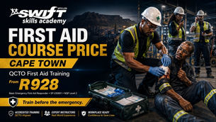 "First Aid course price Cape Town image by Swift Skills Academy featuring QCTO Basic Emergency First Aid Responder SP‑230801 workplace emergency training. The visual highlights accredited courses from R928 designed for South African employers, corporate teams, and on‑site group first aid readiness."