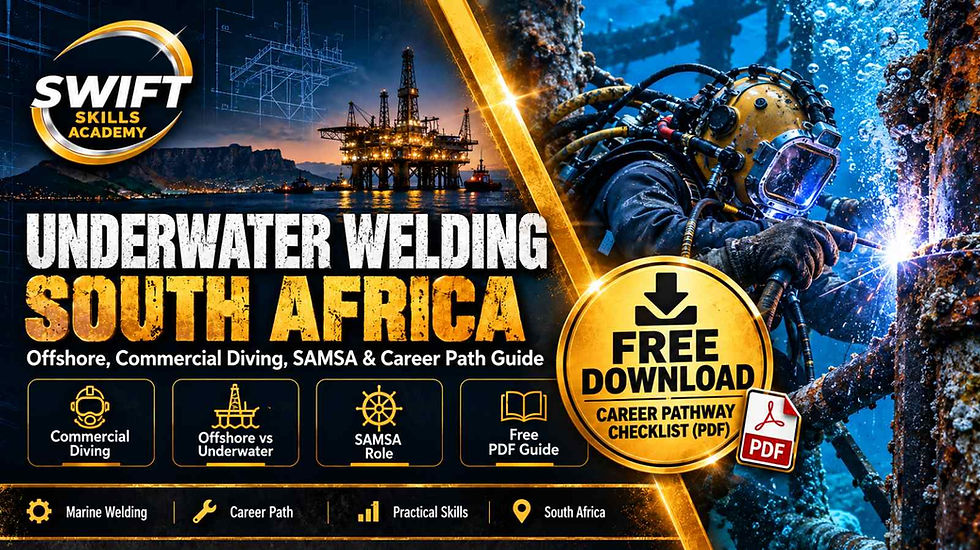 Commercial diver performing underwater welding on a marine steel structure for a South Africa offshore welding, commercial diving and SAMSA career pathway guide.