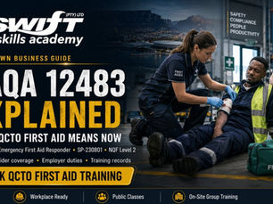 "Hero image for SAQA 12483 explained for Cape Town businesses by Swift Skills Academy, featuring QCTO Basic Emergency First Aid Responder SP‑230801 (NQF Level 2) training; highlights workplace emergency response, first‑aider coverage and ratios, employer duties, training records, and on‑site group training for South African businesses."