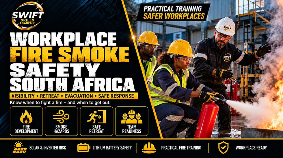 South African workplace fire safety training highlighting smoke inhalation hazards, safe retreat strategies, evacuation protocols, and hands‑on fire fighting skills with Swift Skills Academy in Cape Town