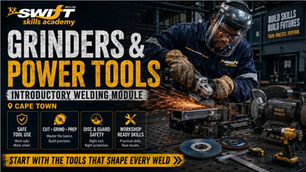 "At Swift Skills Academy in Cape Town, welding learners receive supervised grinders and power tools training on secured carbon‑steel plate. Using guarded angle grinders with correct face, eye, hearing, and hand protection, learners develop safe disc selection, cutting techniques, grinding methods, bevel preparation, deburring, and fabrication‑tool inspection skills. This accredited programme embeds compliance with South African workplace safety standards while building technical competence and risk‑aware fabrication practices."