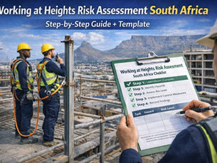 "South Africa Working at Heights Risk Assessment — SAQA 229998 accredited safety training checklist covering hazard identification, risk level evaluation, control measures, findings documentation, and OHS compliance on scaffolding site with city and mountain backdrop."