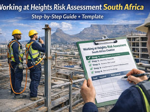 "South Africa Working at Heights Risk Assessment — SAQA 229998 accredited safety training checklist covering hazard identification, risk level evaluation, control measures, findings documentation, and OHS compliance on scaffolding site with city and mountain backdrop."