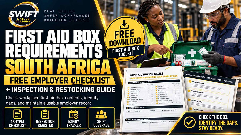 South African employer checklist for First Aid Box requirements, covering inspection routines, restocking needs, expiry date tracking, and workplace compliance guidance.