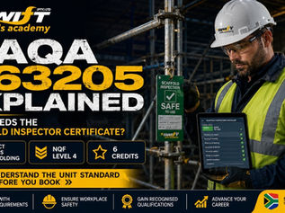 "SAQA 263205 scaffold inspector explained hero image showing a competent scaffold inspector in PPE checking access scaffolding, scaffold tag and digital inspection checklist on a South African construction site, NQF Level 4 scaffold inspection certificate, 6 credits, inspect access scaffolding unit standard, SANS 10085 compliance context, scaffold handover safety, defect identification, role clarity and Swift Skills Academy training pathway for learners, safety officers, site supervisors, contractors and employers in Cape Town and South Africa"