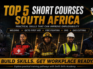 Epic promotional image of five South African professionals in welding, safety, firefighting, and technical uniforms standing proudly against construction cranes and the South African flag backdrop, symbolizing accredited short courses that get you hired fast without a degree. Highlights include welding, first aid, firefighting, occupational health and safety, and gas cutting — all compliance‑anchored by Swift Skills Academy in Cape Town, MERSETA and QCTO leader in artisan training and skills development facilitation. Text overlay emphasizes “Top 5 Short Courses That Get You Hired FAST in South Africa” with promises of high‑paying skills, quick employment, and accredited training starting